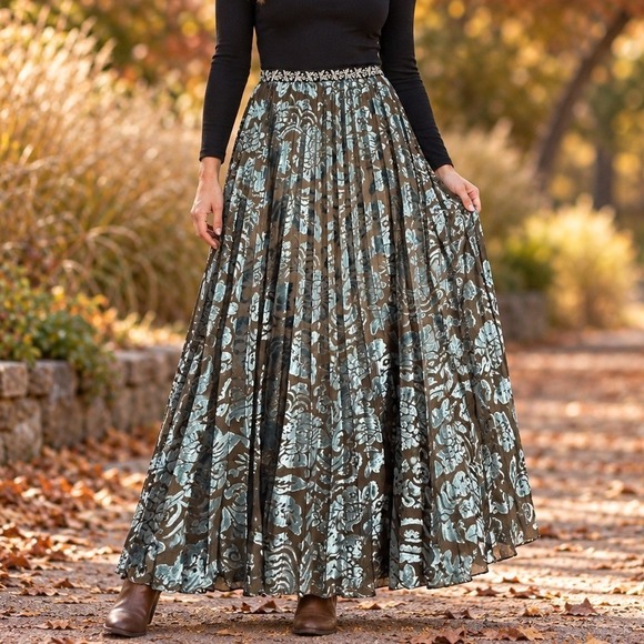 Soft Surroundings Dresses & Skirts - 240 Soft Surroundings Brown Silver Blue Velvet Pleated Maxi Skirt (Size 14, EUC)